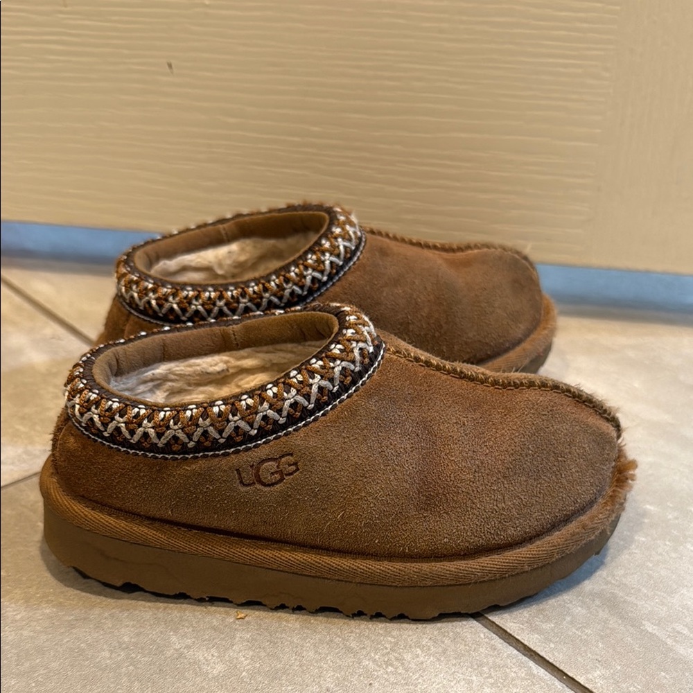 UGG Toddler’s Tasman Brown Suede Moccasin Slippers with Sheepskin Lining